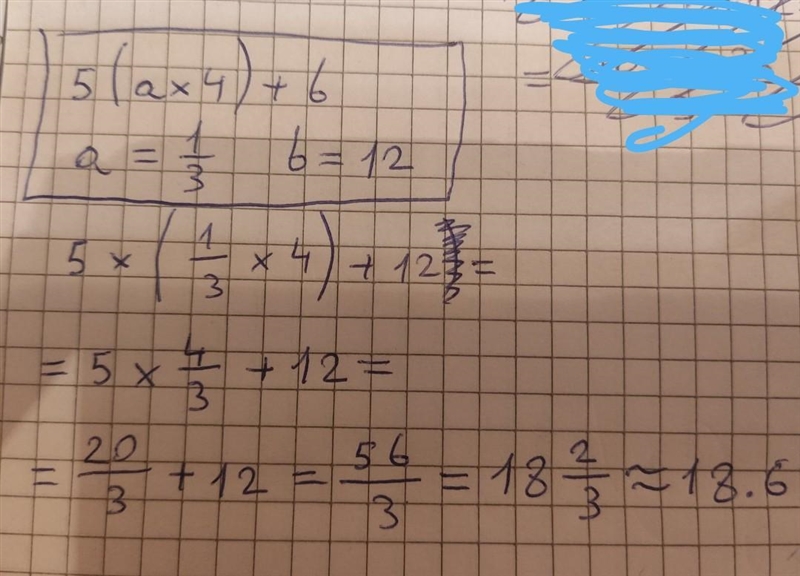 Evaluate 5(ax4)+b, when a=1/3 and b=12-example-1