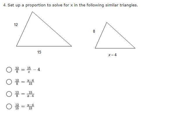 Please help! Set up a proportion to solve for x in the following similar triangles-example-1