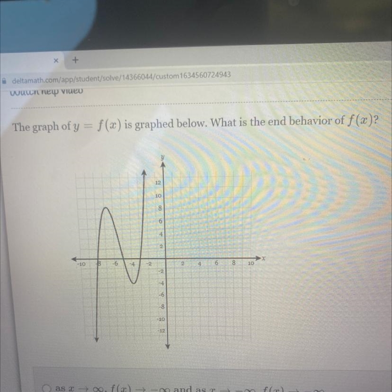 The graph of y = f(x) is graphed below. What is the end behavior of f(x)? 12 10 8 6 4 -10 B-example-1