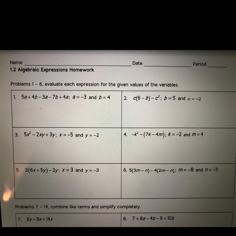 Problems 1 - 6, evaluate each expression for the given values of the variables. 1 5a-example-1