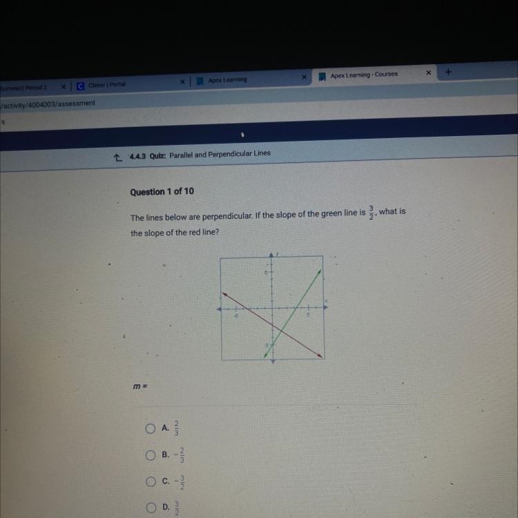 The lines below are perpendicular. If the slope of the green line is ž, what is the-example-1