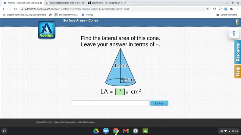 Find the lateral area of this cone, leave your answer in terms of pi. hight-12, radius-example-1