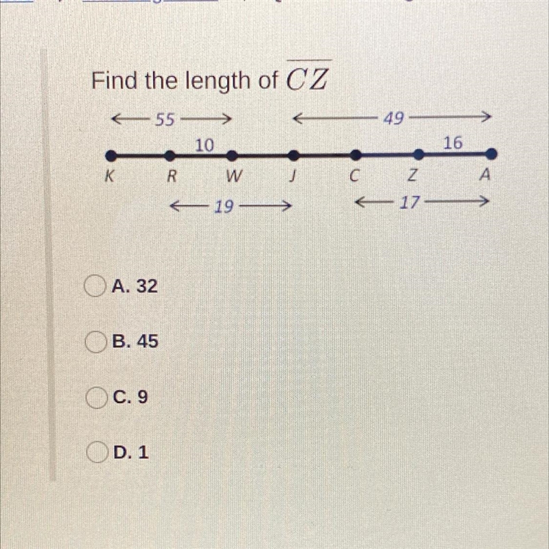 Find the length of CZ A. 32 B. 45 C. 9 D. 1-example-1