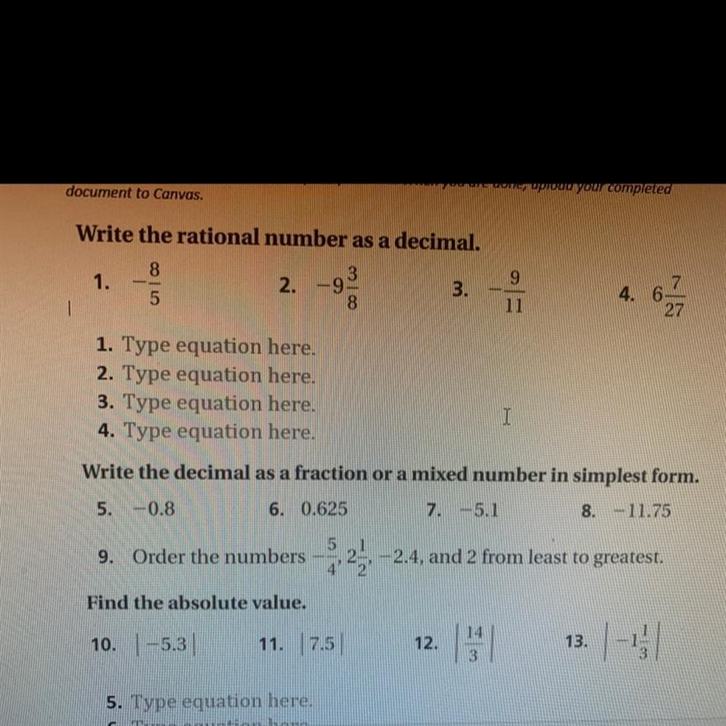 Write the rational number as a decimal -8/5 -9 3/8 -9/11 6 7/27-example-1