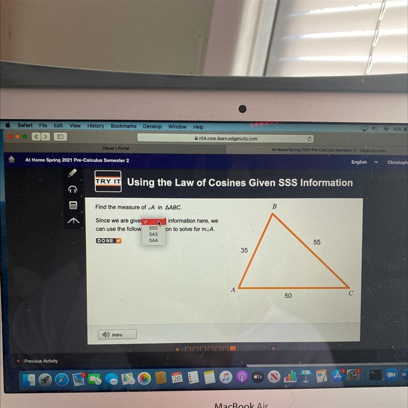 Find the measure of A in Triangle ABC. Since we are given information here, we can-example-1