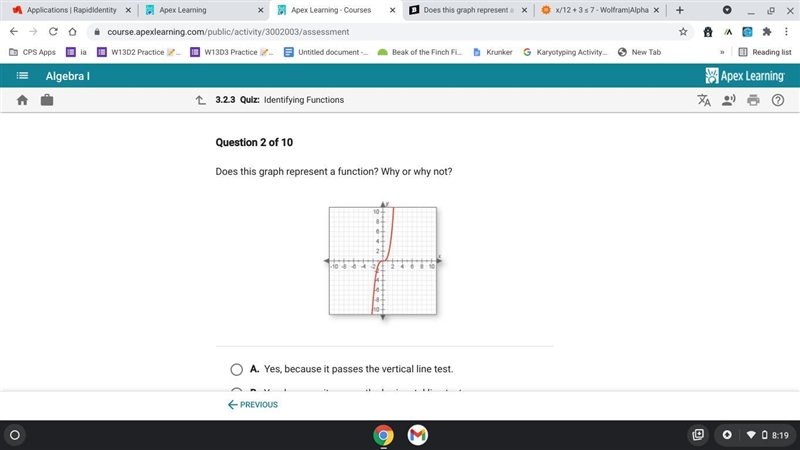 Does this graph represent a function? Why or why not? A. Yes, because it passes the-example-1