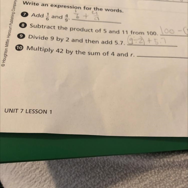 Multiply 42 by the sum of 4 and r. I need help on number 10 please.-example-1