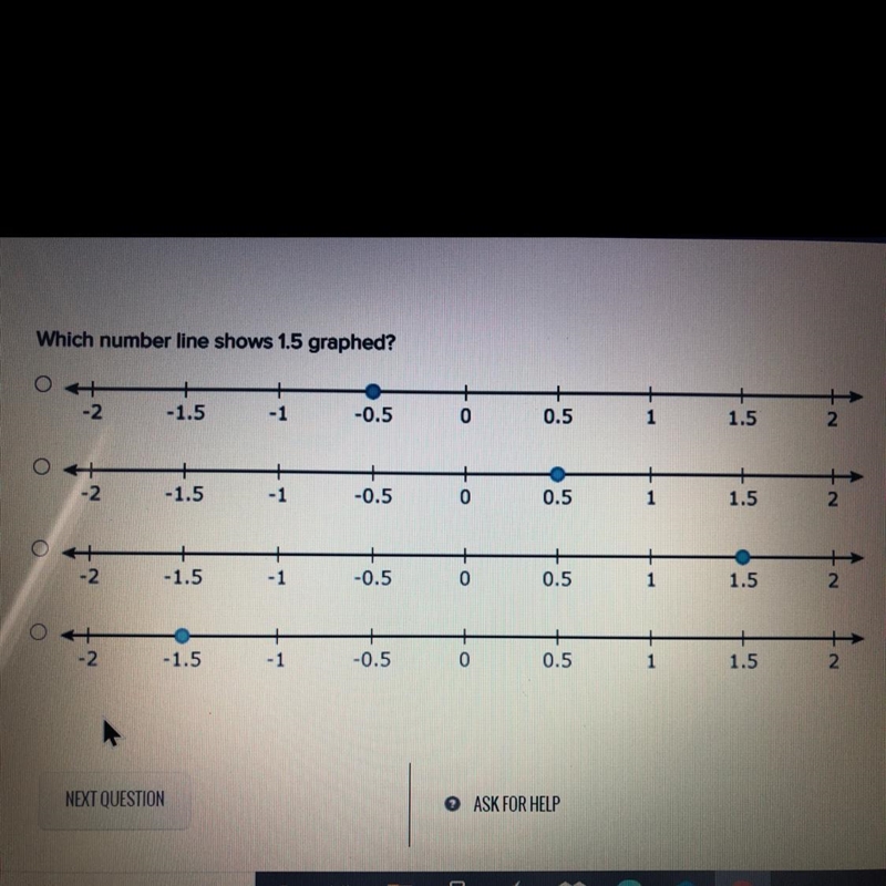 Which number line shows 1.5 graphed?-example-1