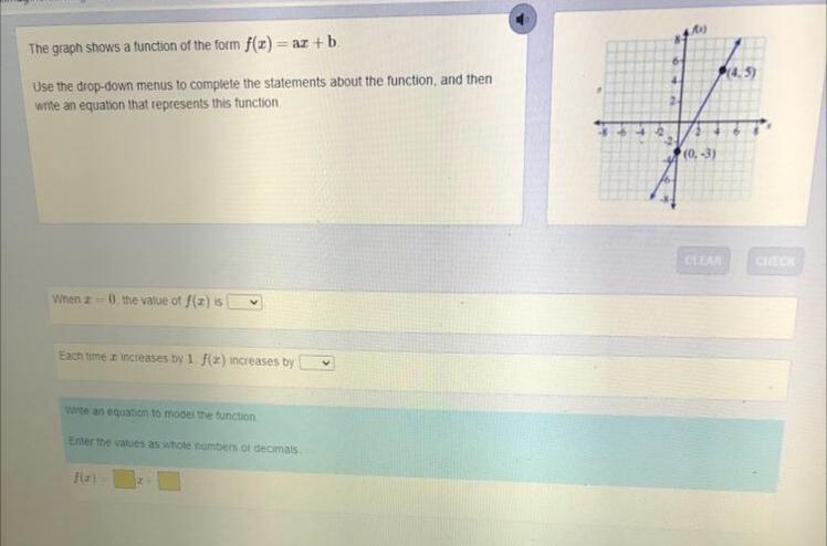 HELP ASAP The graph shows a function of the form f(1) = ax + b. Use the drop-down-example-1