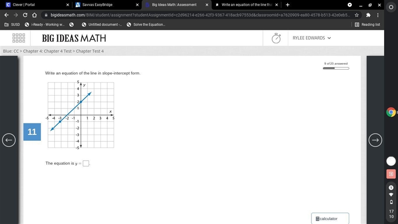 Write an equation of the line in slope-intercept form. The equation is y= .-example-1