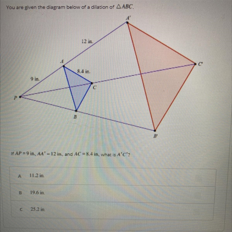 A. 11.2 in. b. 19.6 in. c. 25.2 in.-example-1