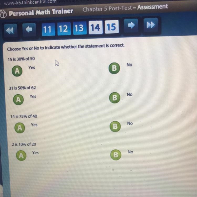 Choose Yes or No to indicate whether the statement is correct. 15 is 30% of 50 Yes-example-1