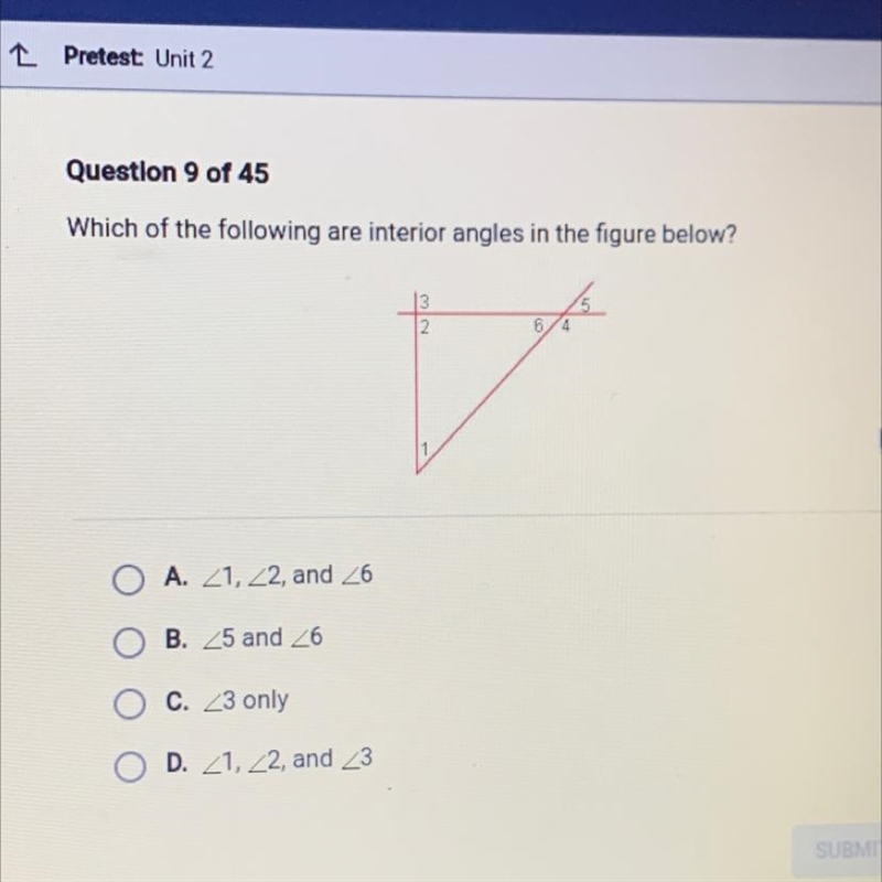 Which of the following are interior angles in the figure below? O A. 21, 22, and 26 B-example-1