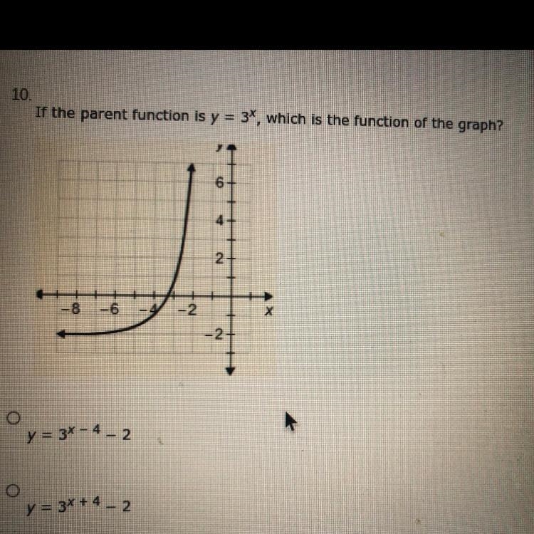 A & b are shown C.y=3^x-4 +2 D. y=3^x+4 +2-example-1