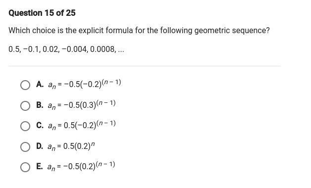 which choice is the explicit formula for the following geometric sequence 0.5,-0.1, 0.02, -0.004, 0.0008-example-1