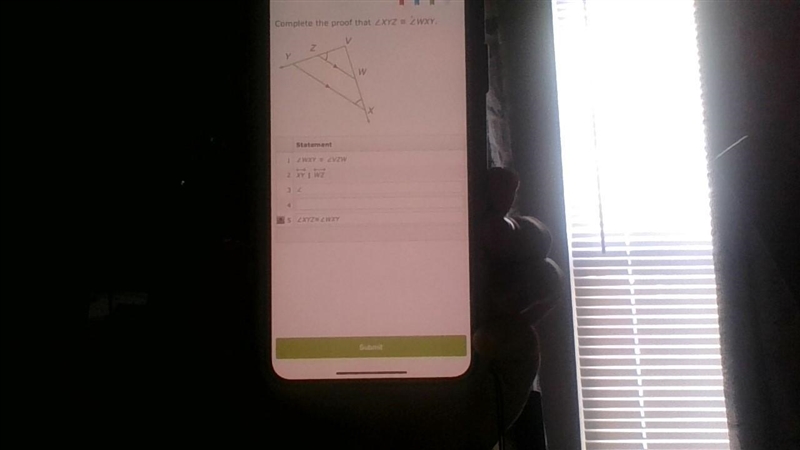 Complete the proof that angle XYZ is congruent to angle WXY.-example-1