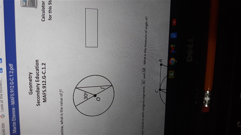 In circle O below, what is the value of f ?-example-1