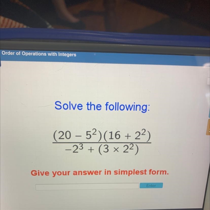 Solve the following: (20 - 52)(16 +22) -23 + (3 x 22) Give your answer in simplest-example-1