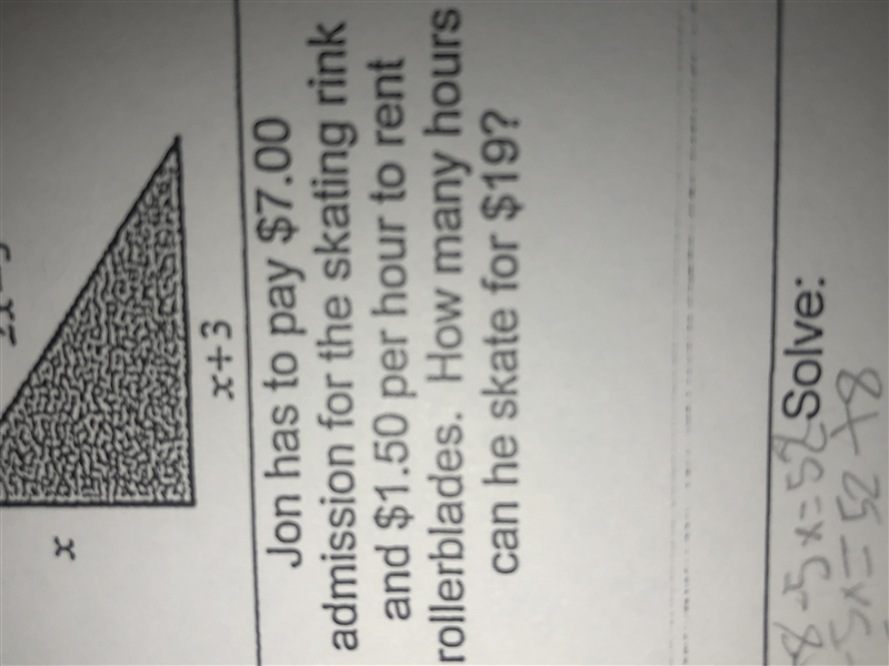 Jon has to pay $7.00 admission for the skating rink in $1.50 per hour to rent rollerblades-example-1