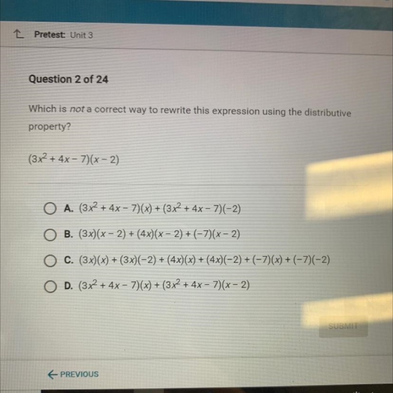 Which is not a correct way to rewrite this expression using the distributive property-example-1