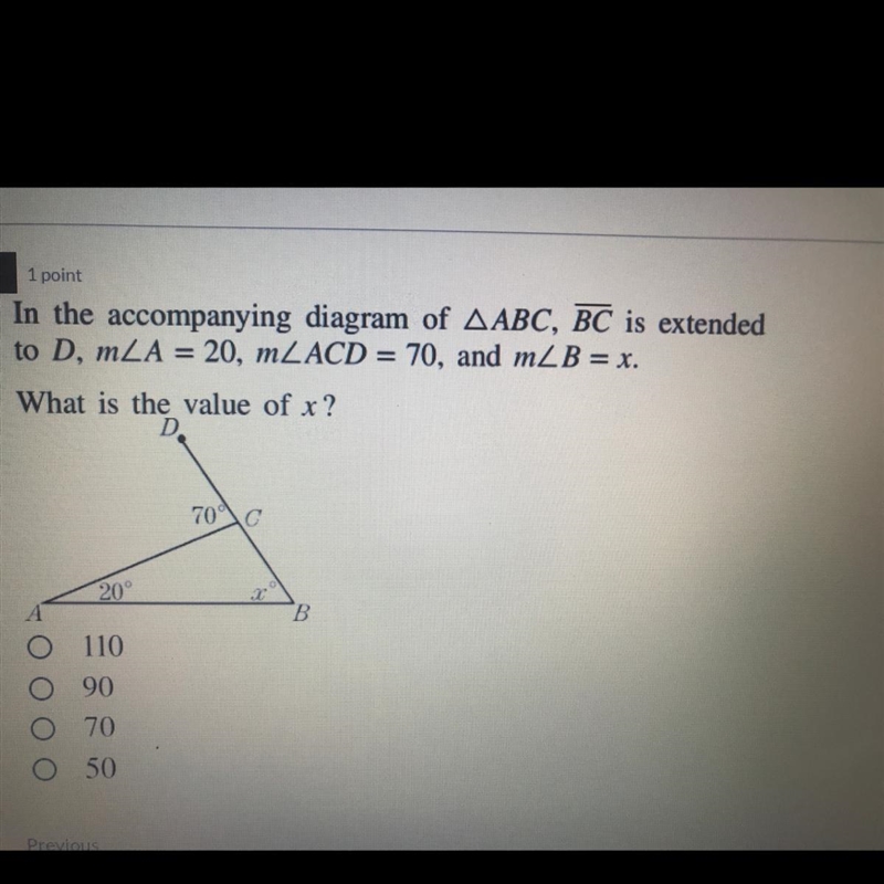 In the accompanying diagramed ABC , BC is extended to D, m-example-1