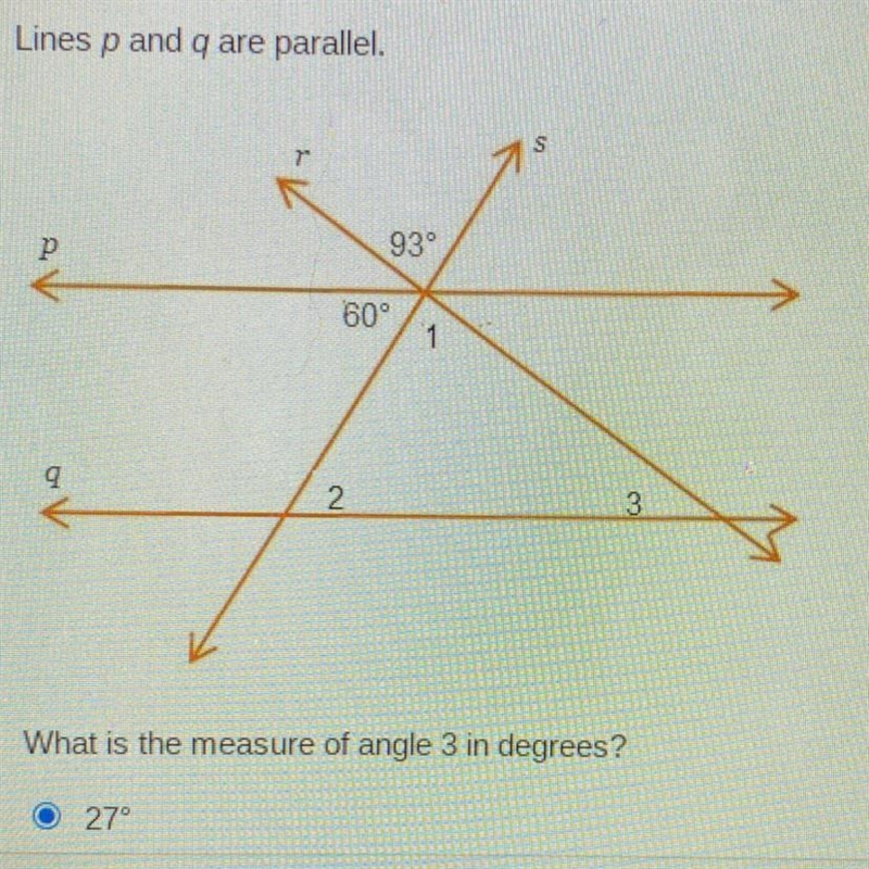 What is the measure of angle 3 in degrees? 27 degrees 33 degrees 60 degrees 153 degrees-example-1