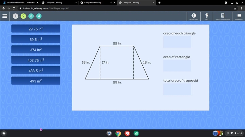 This trapezoid is made up of two right triangles and one rectangle. Drag numbers to-example-1