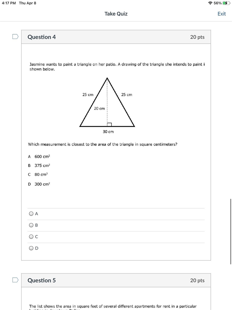 Wich measurement is the closest to the area of the triangle in square centimeters-example-1