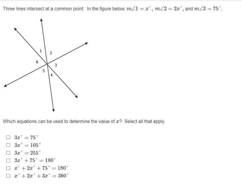 Three lines intersect at a common point. In the figure below, m∠1=x°, m∠2=2x°, and-example-1