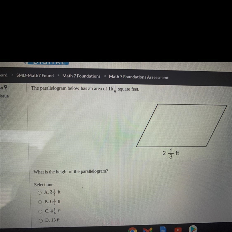 The parallelogram below has an area of 15 1/6 square feet. What is the height of the-example-1