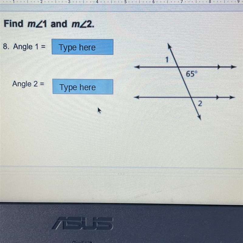 Find m∠1 and m∠2. Angle 1 = Angle 2 =-example-1