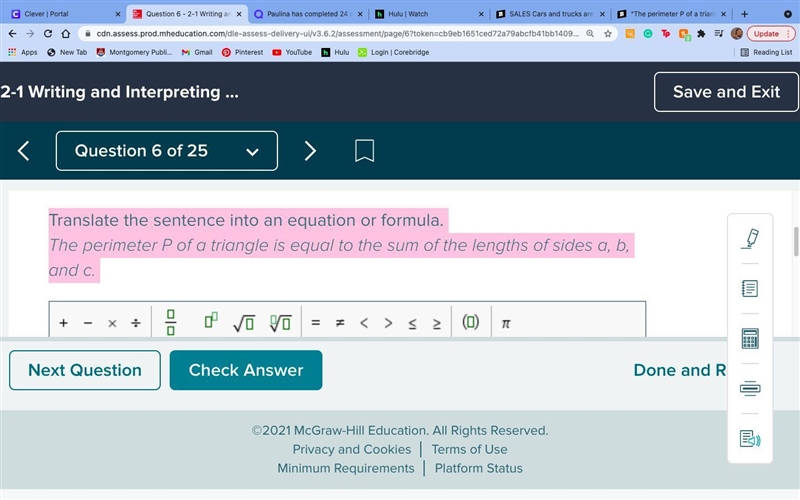 Translate the sentence into an equation or formula. The perimeter P of a triangle-example-1