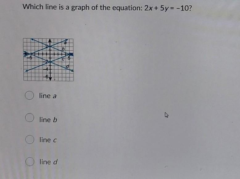 Which line is a graph of the equation 2x+5y=-10?​-example-1