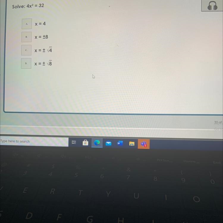 Solve: 4x^2 = 32 thanks-example-1