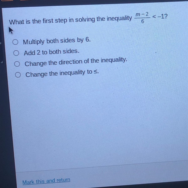 CO What is the first step in solving the inequality m2 <-1? Multiply both sides-example-1