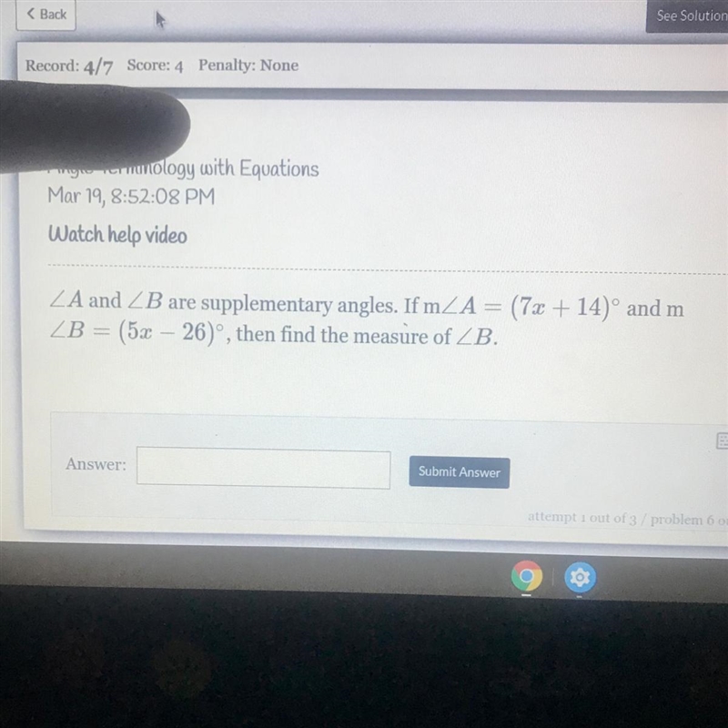 angle A and angle B are supplementary angles. If m angle A=(7x+14)^ and m angle B-example-1