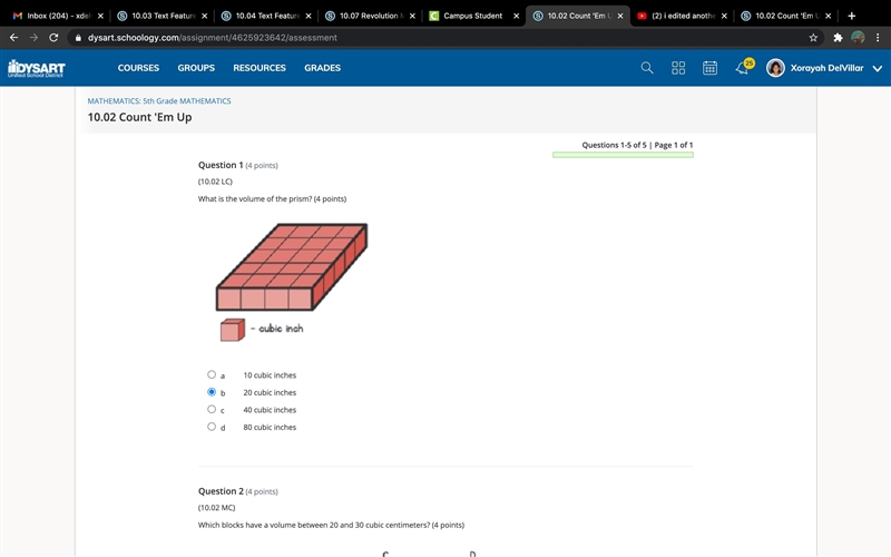 What is the volume of the prism? (4 points) A rectangular prism with cubic units arranged-example-1