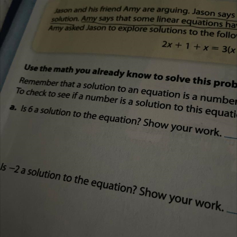 Is 6 a solution to the equation? Show your work.-example-1