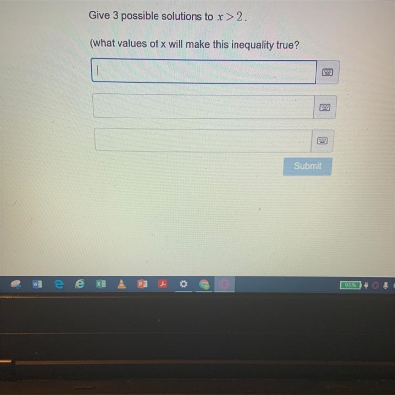 Please help! question : “ Give 3 possible solutions to x>2.”-example-1