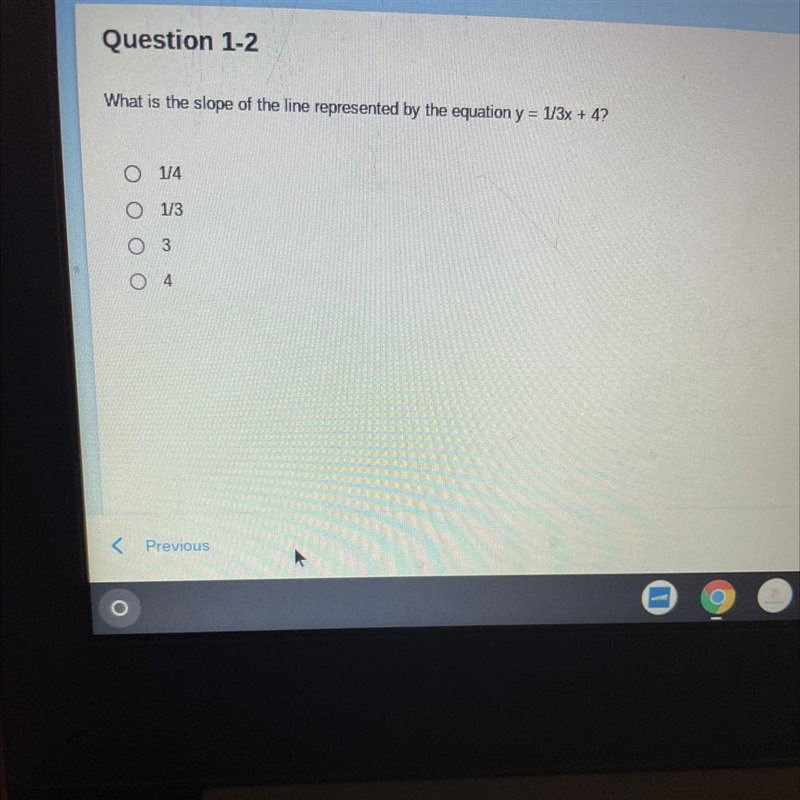 What is the slope of the line represented by the equation y = 1/3x + 4-example-1