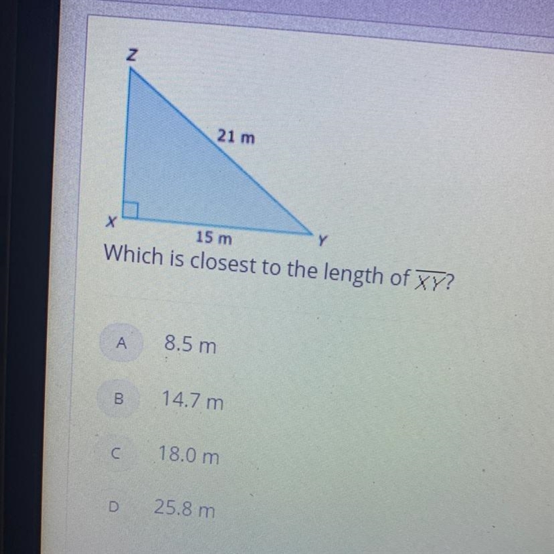 21 m 15 m Which is closest to the length of XY?-example-1