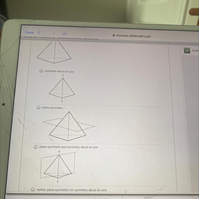 Question 4: 10 pts Find whether the regular triangular pyramid has plane symmetry-example-1