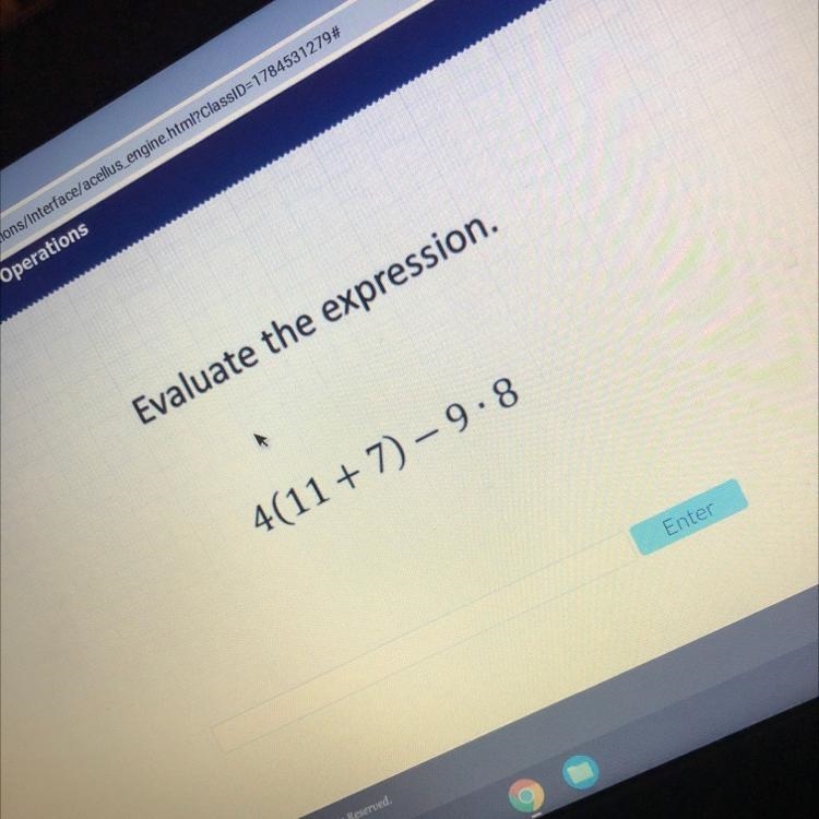 Evaluate the expression. 4(11 + 7) – 9.8-example-1