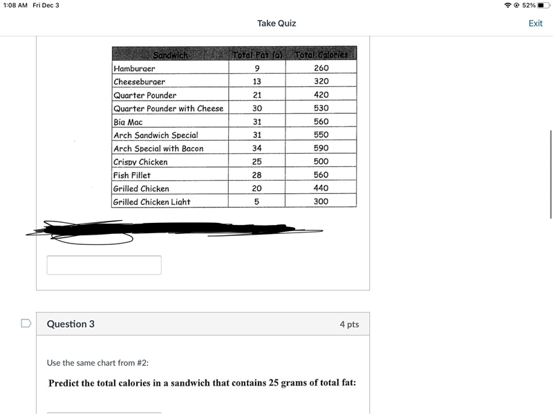 What are the total calories in a sandwich if it contains 25 grams of total fat?-example-1