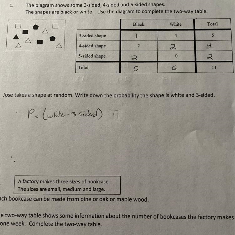 Jose takes a shape at random. write down the probability the shape is white and three-example-1