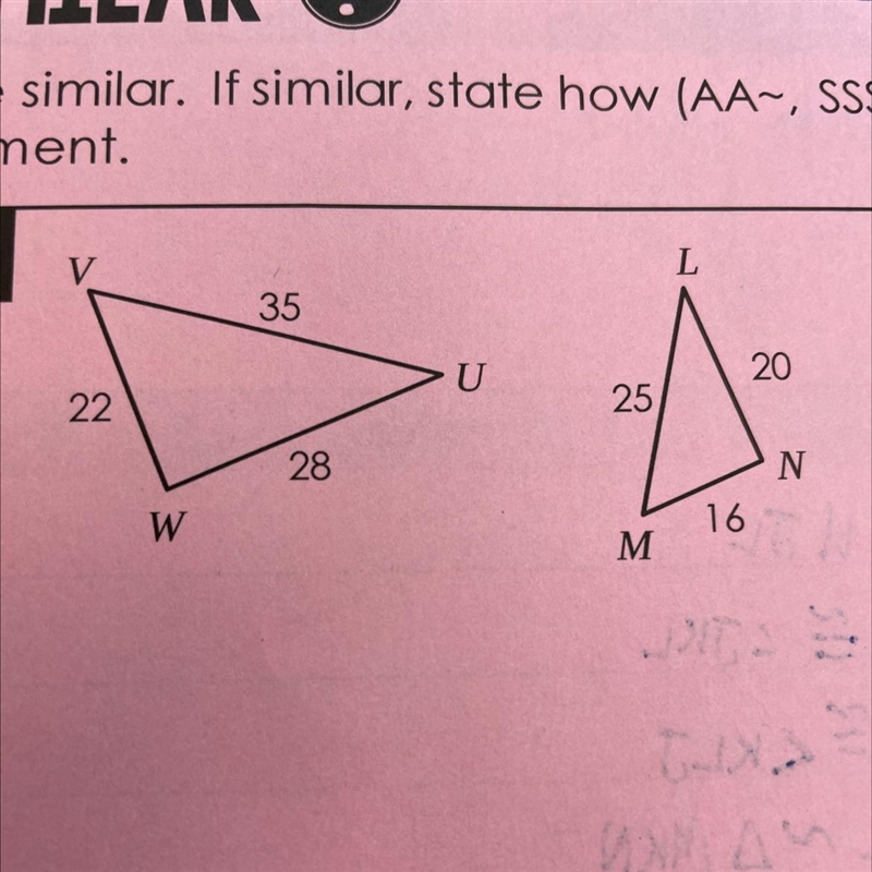 If similar, state if it’s AA similarity, SSS or SAS similarity-example-1