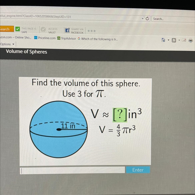 Find the volume of this sphere. Use 3 for TT.-example-1