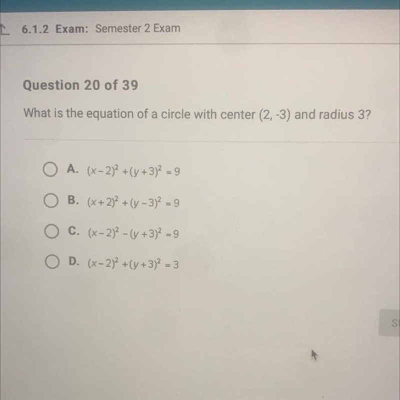 What is the equation of a circle with center (2,-3) and radius 3?-example-1