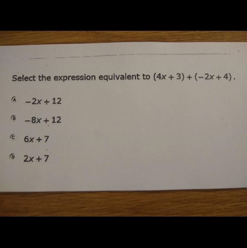 What expression is equivalent to (4x+3)+(-2x+4)-example-1