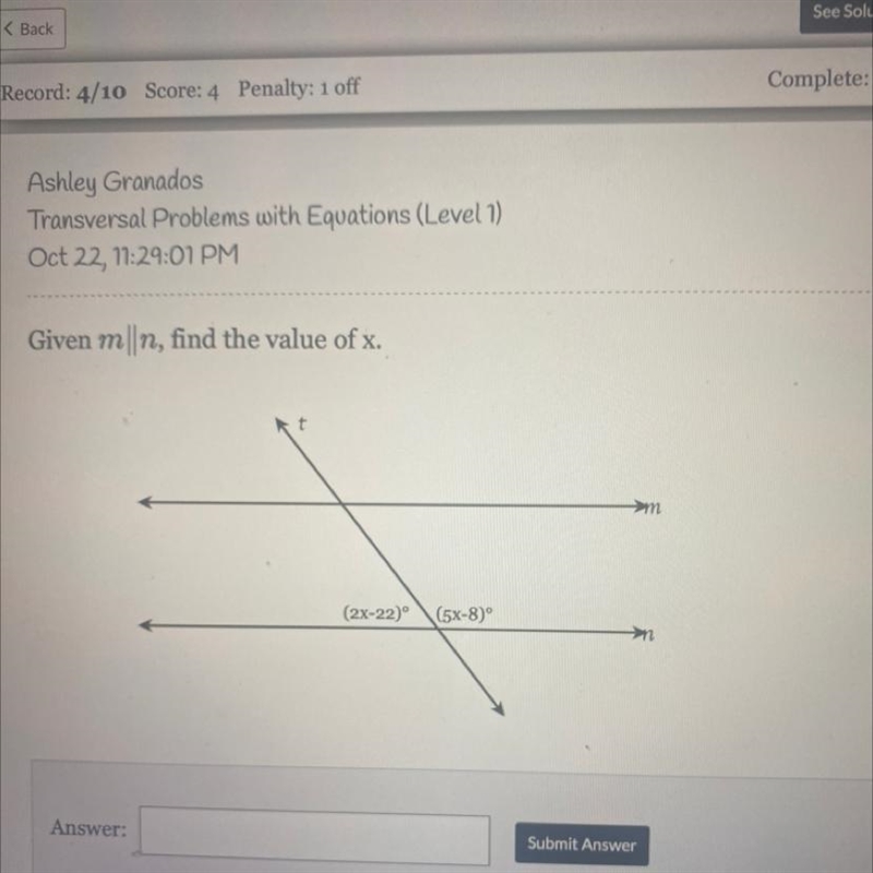 Given m||n, find the value of x. т Rt >m (2X-22) (5x-8)° >-example-1